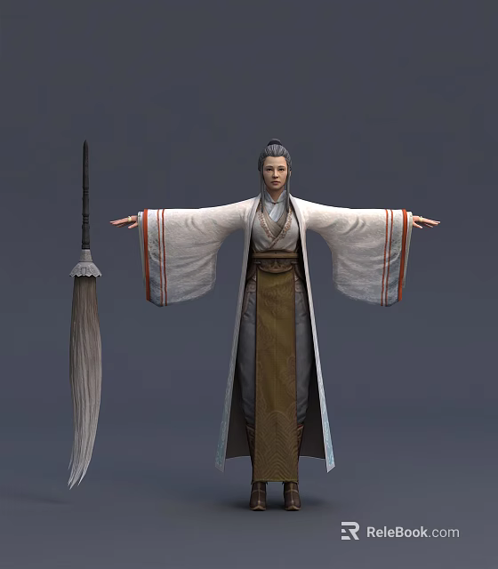 Ancient Chinese Character In White Robe Brown Belt Open Arms With Traditional Umbrella 3d model 