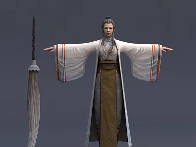 Ancient Chinese Character In White Robe Brown Belt Open Arms With Traditional Umbrella 3d model
