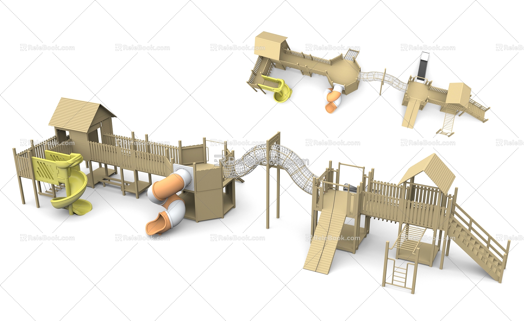 Kindergarten Climbing Expansion Platform Wooden House Slide Expansion Paradise Crawling Amusement Park Children's Amusement Park Playground 3d model