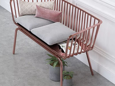 Rose Gold Frame Two-Seater Sofa With Grey Cushions Beige Pink Pillows And Green Plants In Grey Pots 3d model