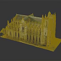 Cartoon Scene Of Gothic Church With Spires Arched Windows Small Tree And Model Base