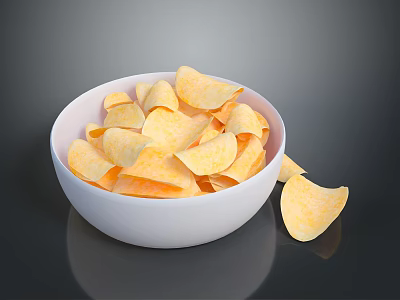 Golden Crunchy Potato Chips In White Bowl With Scattered Pieces On Dark Surface 3d model
