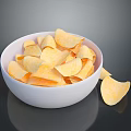 Golden Crunchy Potato Chips In White Bowl With Scattered Pieces On Dark Surface