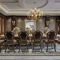 Elegant Conference Room With Dark Wooden Walls Chandelier Long Dining Table Leather Sofa Patterned Rug
