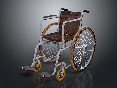 Vintage White Frame Wheelchair With Brown Seat Yellow Rims Armrests And Footrests 3d model