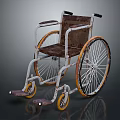 Vintage White Frame Wheelchair With Brown Seat Yellow Rims Armrests And Footrests