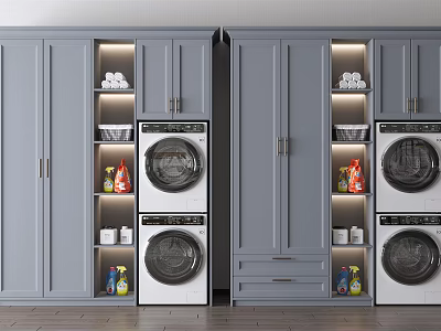 Gray Bathroom Cabinet With Stacked Washer Dryer Internal Shelves Cleaning Supplies And Lighting 3d model