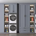 Gray Bathroom Cabinet With Stacked Washer Dryer Internal Shelves Cleaning Supplies And Lighting