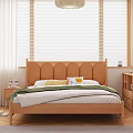 Double Bed with Curved Wooden Headboard White Sheets Green Blanket and Pillows Near Window Blinds