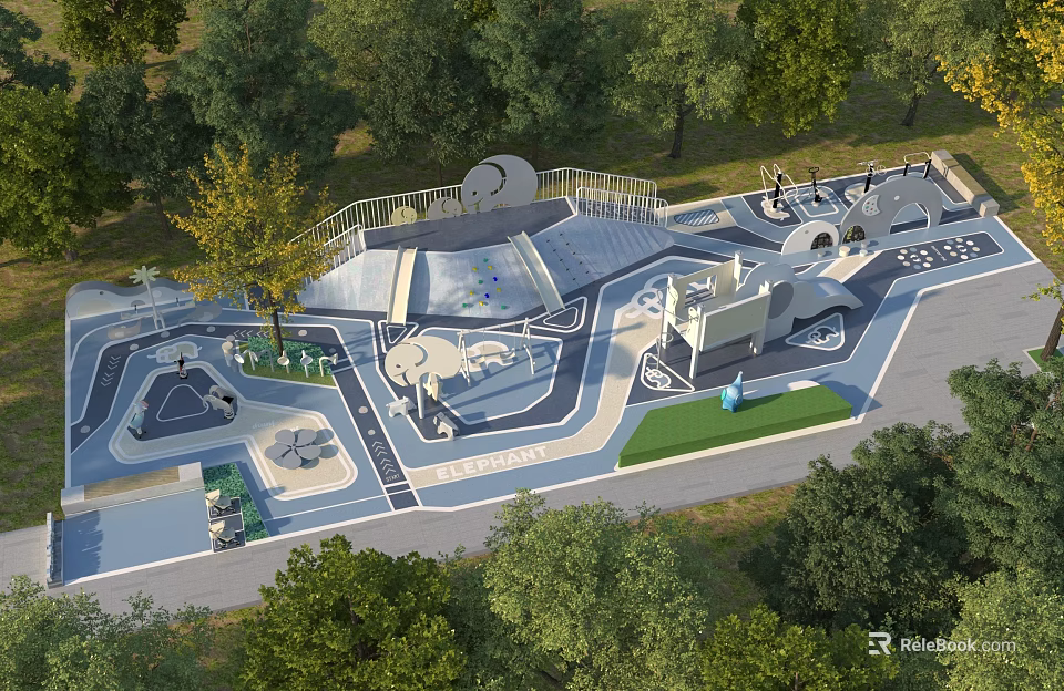 Outdoor Children's Playground With Fun Play Structures Slides Climbing Frames Green Lawns And Trees 3d model 