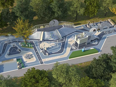 Outdoor Children's Playground With Fun Play Structures Slides Climbing Frames Green Lawns And Trees 3d model