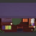 Cartoon Room Scene With Bed Desk Chair Bookshelf Wall Art And Plants