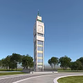 Modern Clock Tower With Glass Facade Among Trees And Lawns 3d model
