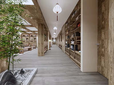 Office Corridor Interior Design With Wooden Beams Hanging Lanterns Green Plants and Built in Bookshelves 3d model
