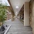 Office Corridor Interior Design With Wooden Beams Hanging Lanterns Green Plants and Built in Bookshelves