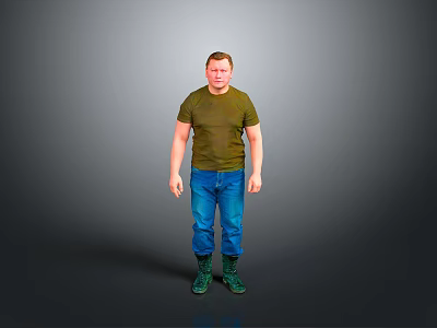 A Man Wearing Green T shirt Blue Jeans And Green Boots Standing Against Gray Background 3d model