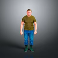 A Man Wearing Green T shirt Blue Jeans And Green Boots Standing Against Gray Background
