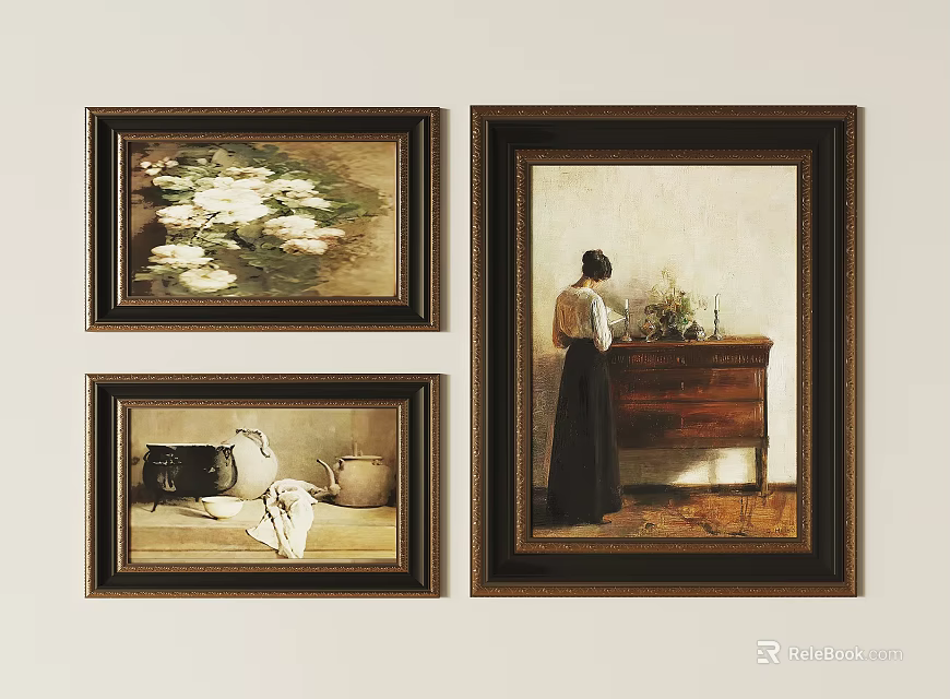 Framed Wall Art Collection Featuring Woman Figure Water Lilies And Teapot 3d model 