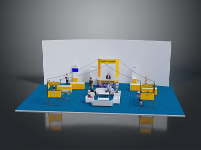 Modern Exhibition Booth With Blue Floor White Backdrop And Yellow New Fashion Sign 3d model