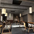 Industrial Style Restaurant Interior With Concrete Walls Wooden Tables And Pendant Lights