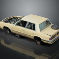 Beige Vintage Car With Open Hood Exposed Engine Worn Body And Damaged Tires