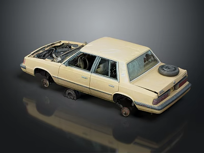 Beige Vintage Car With Open Hood Exposed Engine Worn Body And Damaged Tires 3d model