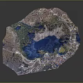 Scenic Volcanic Crater Lake Landscape With Blue Water Green Vegetation And Rocky Terrain