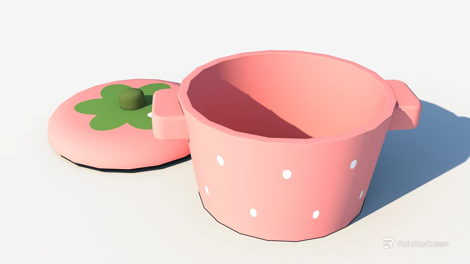 Cute Pink Cooking Pot With White Polka Dots And Green Flower Lid 3d model 