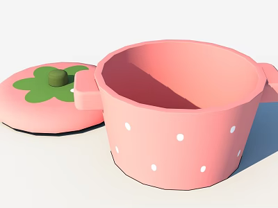 Cute Pink Cooking Pot With White Polka Dots And Green Flower Lid 3d model