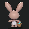 Cute 3D Rabbit Character With Long Ears Purple Eyes Holding Basket Of Colorful Eggs