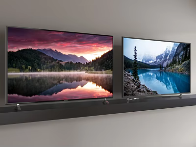 Two Wall Mounted TVs Displaying Natural Scenery With Mountains And Lake 3d model