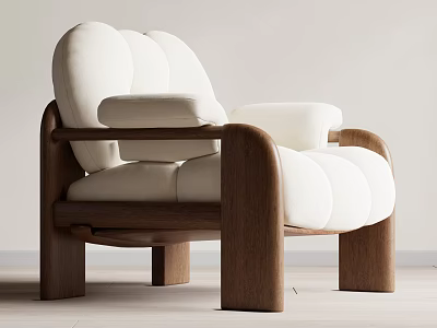 Comfortable Modern Leisure Chair with Wooden Frame and Cream Upholstery 3d model