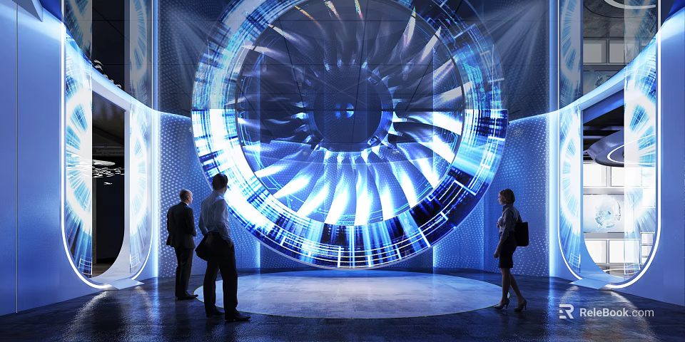 Futuristic Exhibition Hall Featuring Large Blue Illuminated Turbine Interactive Display And Visitors 3d model 