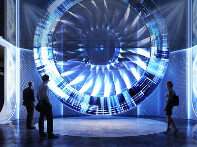 Futuristic Exhibition Hall Featuring Large Blue Illuminated Turbine Interactive Display And Visitors 3d model
