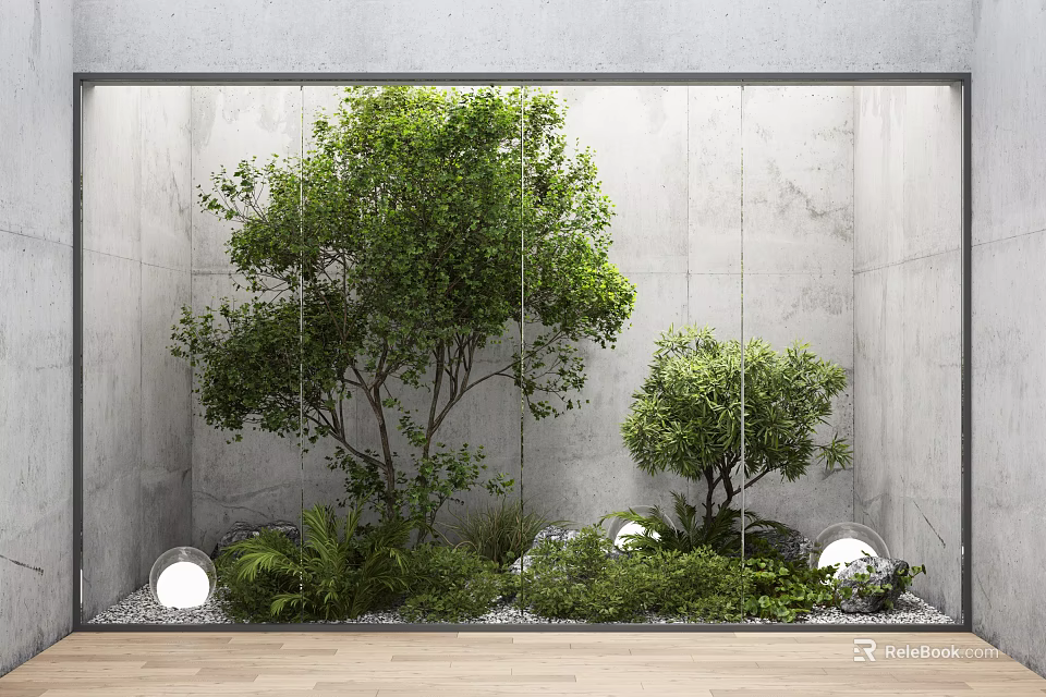 Lush Arbor Trees In Indoor Space With Concrete Walls Glass Panels And Green Plants 3d model 