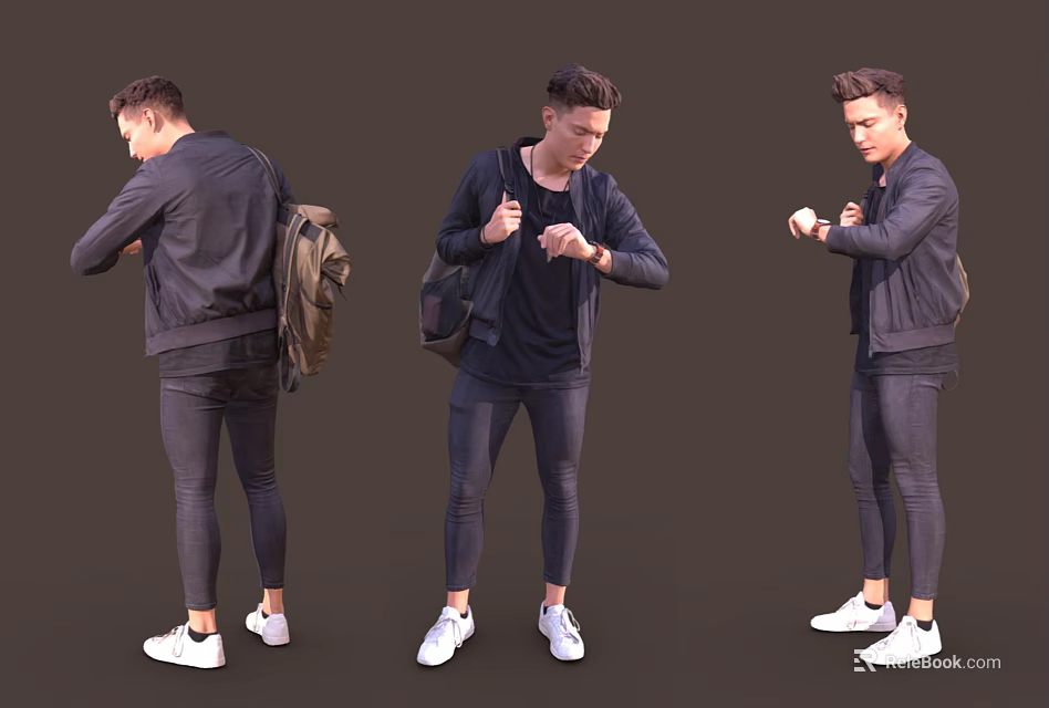 Man In Black Jacket Checking Watch With Backpack Dark Pants And White Sneakers 3d model 