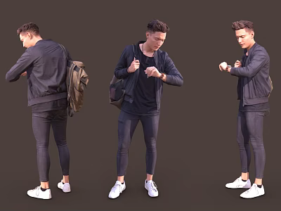 Man In Black Jacket Checking Watch With Backpack Dark Pants And White Sneakers 3d model