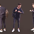 Man In Black Jacket Checking Watch With Backpack Dark Pants And White Sneakers