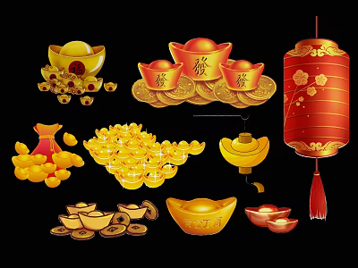 Chinese Traditional Festive Wall Decor with Red Lantern Gold Ingots Coin Piles and Fortune Characters 3d model