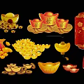 Chinese Traditional Festive Wall Decor with Red Lantern Gold Ingots Coin Piles and Fortune Characters
