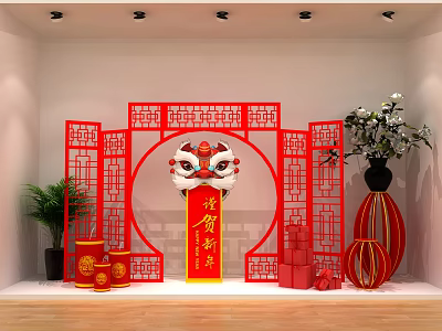Chinese New Year Festive Decoration With Red Paper Cut Screens Lion Head And Lanterns 3d model
