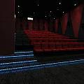 Modern Cinema Interior With Red Seats Black Red Wall Design And Ambient Lighting
