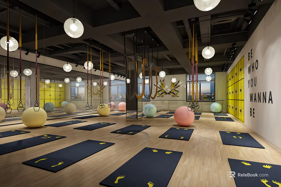 Fitness Yoga Studio With Blue Black Mats Yellow Footprints Hanging Rings And Spherical Lights 3d model 
