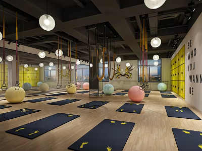 Fitness Yoga Studio With Blue Black Mats Yellow Footprints Hanging Rings And Spherical Lights 3d model