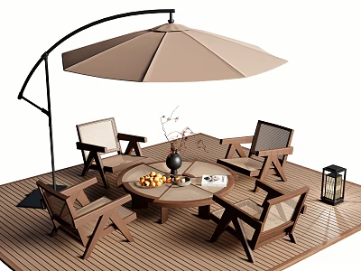 Outdoor Table with Umbrella Chairs Fruit Vase and Lantern on Wooden Deck 3d model