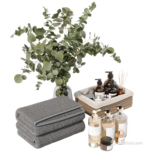 Eucalyptus Plant With Wicker Basket Of Daily Washing Supplies And Soft Gray Towels 3d model 