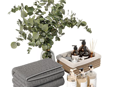 Eucalyptus Plant With Wicker Basket Of Daily Washing Supplies And Soft Gray Towels 3d model