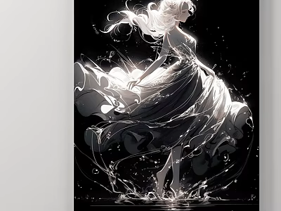 Elegant Female Figure Painting With Long Hair Flowing Dress Black Background And Light Effects 3d model