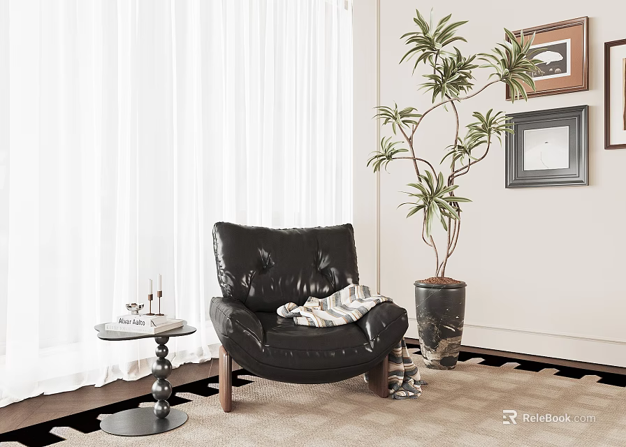 Black Leather Lounge Chair In Living Room With Side Table White Curtains And Tall Plant 3d model 