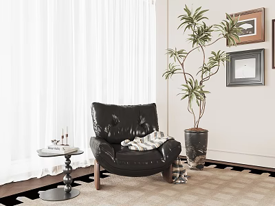 Black Leather Lounge Chair In Living Room With Side Table White Curtains And Tall Plant 3d model